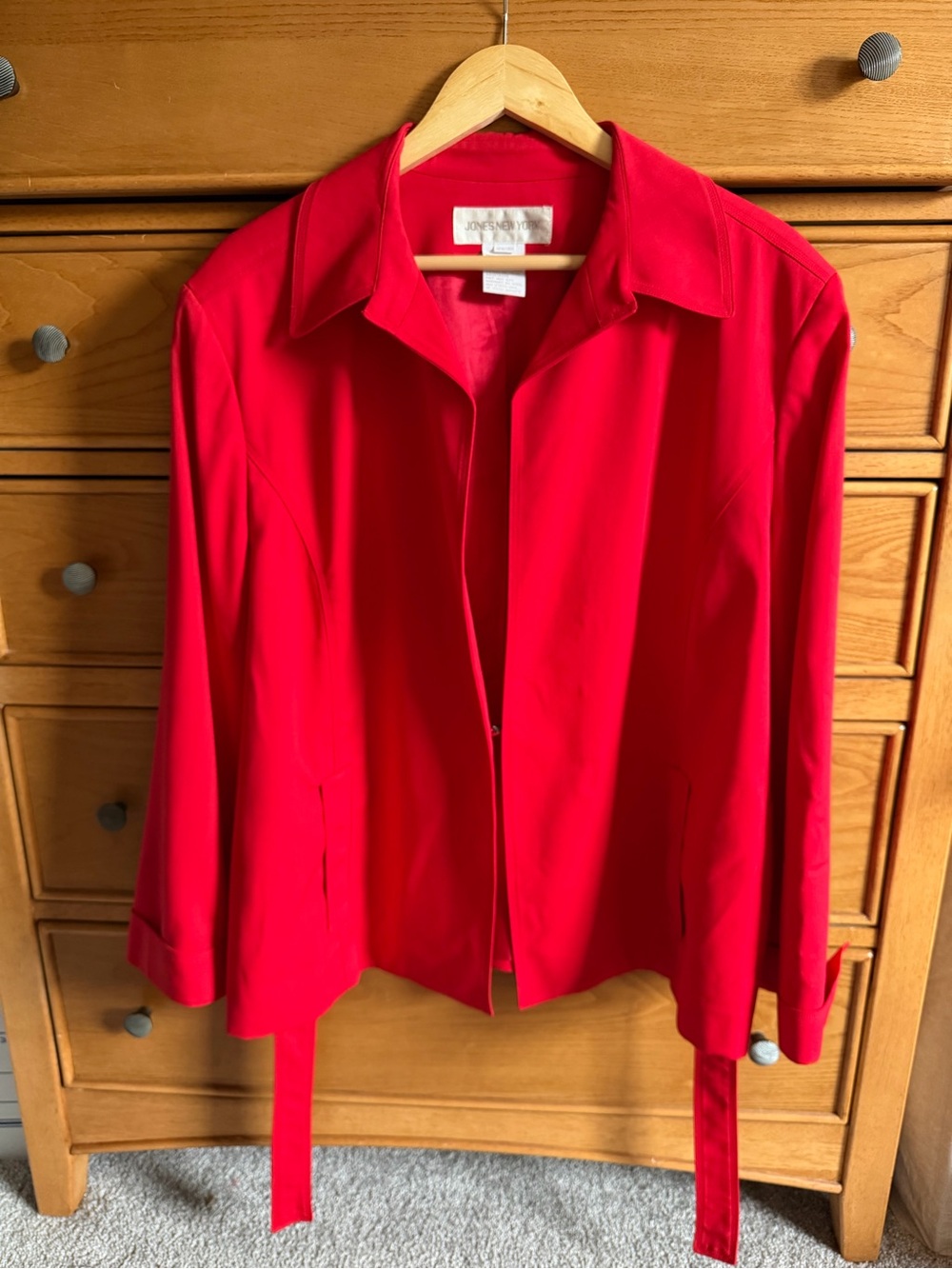 Jones New York Red Wool Blend Blazer Jacket Hook Close Belted Lined Womens Sz 18